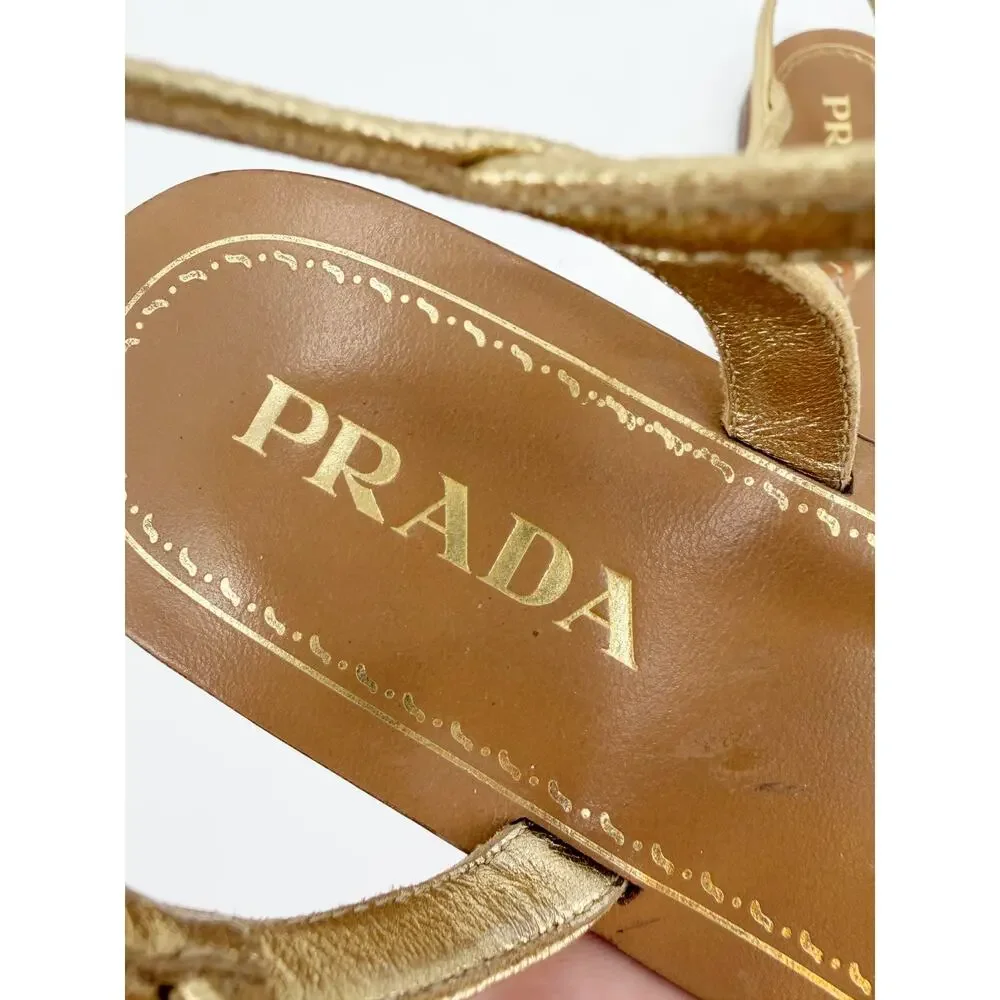 Prada Sandals Yellow Leather Bow T Strap Flat Gladiator Slingback Italy 36.5
